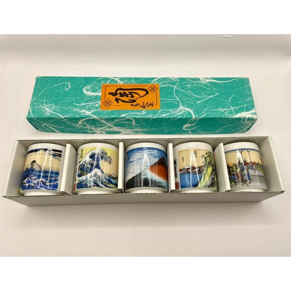 Tokaido sake cups Set of 5 Japanese Vintage Ceramic Porcelain Shot Glasses W/box - Picture 1 of 4